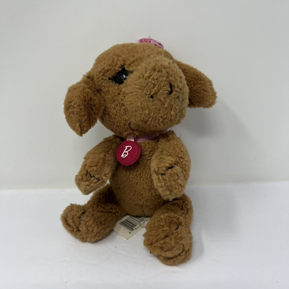 Barbie Brown Puppy Dog Plush Stuffed Animal toy with Pink Bow & Collar Mattel 7"